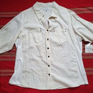 NWT Linen Blouse Women's Size 1X Off White Collar 3/4 Sleeve Coral Bay
